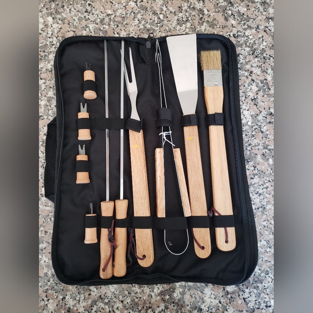 New 10 Pc BBQ Grill Tool Stainless Steel Grill Kit with Case
